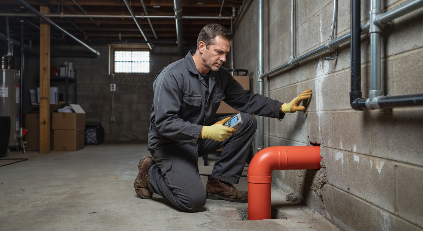 radon mitigation technician inspecting basement foundation