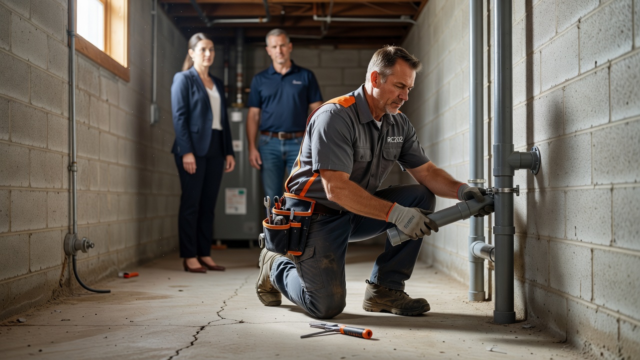 radon mitigation contractor installing basement system