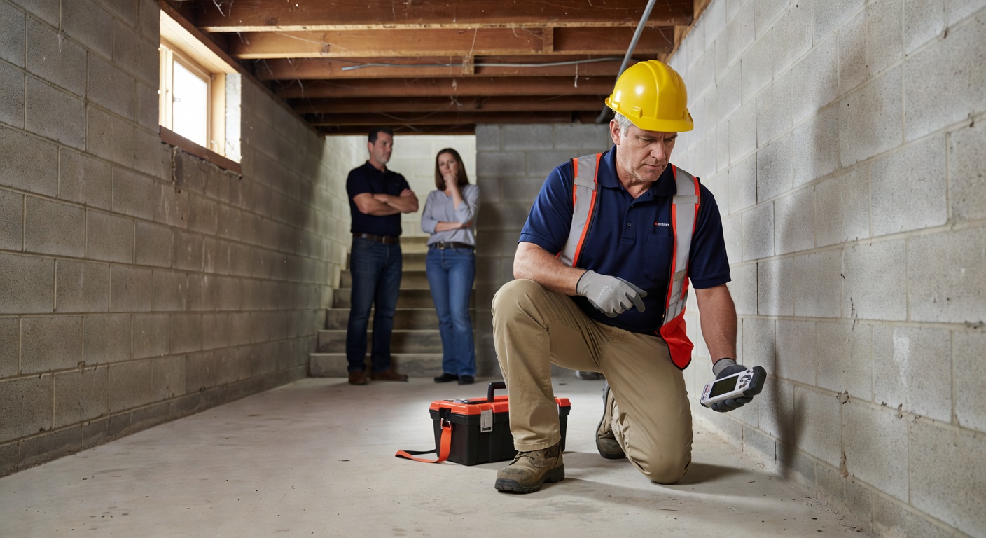 radon mitigation technician inspecting Ohio basement foundation