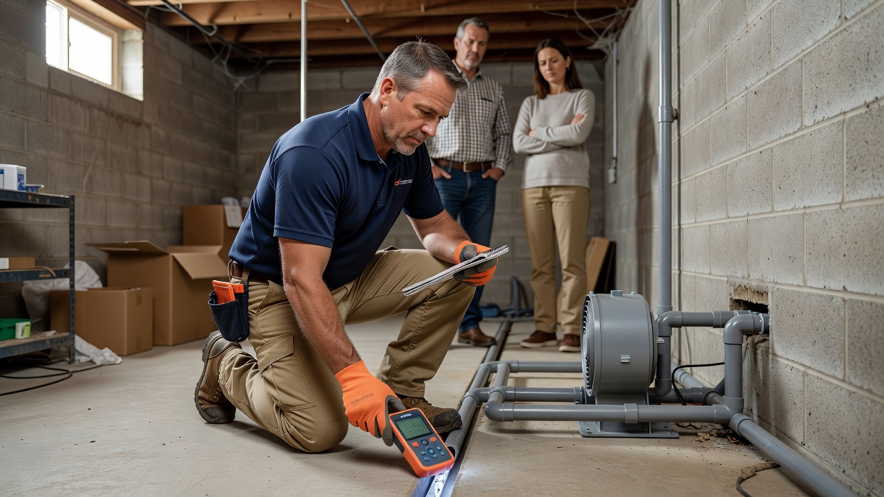 radon mitigation contractor inspecting Ohio basement