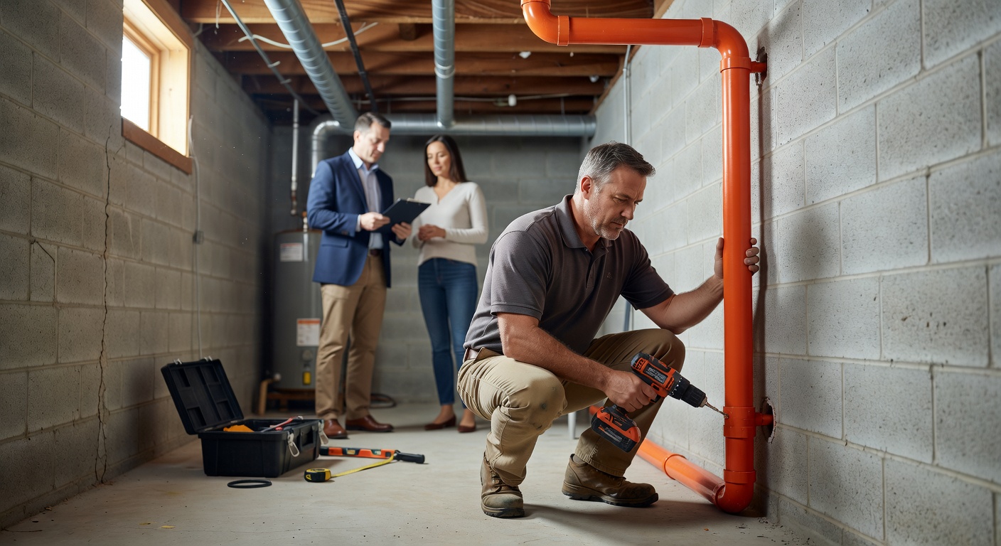 radon mitigation technician installing system basement