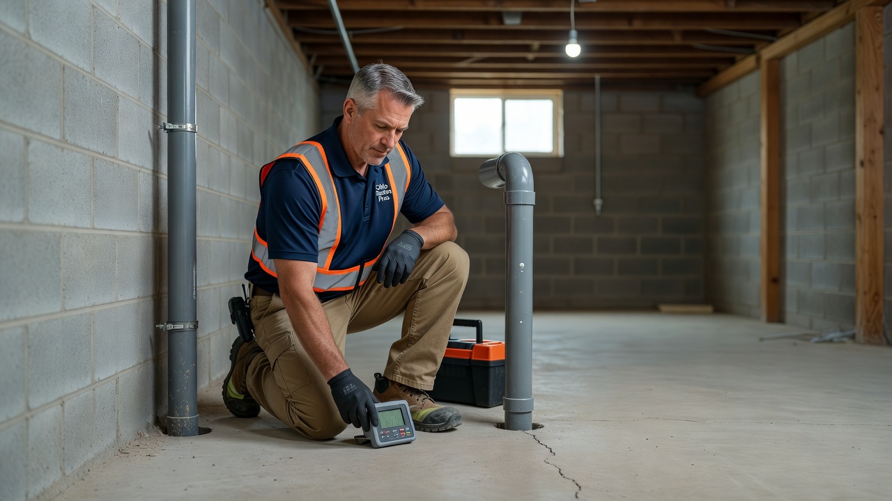 professional radon technician inspecting Ohio home basement