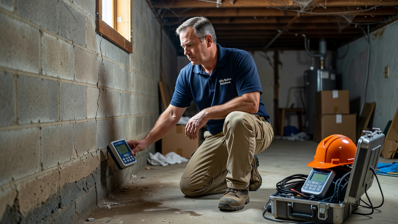 radon technician inspecting basement foundation Ohio