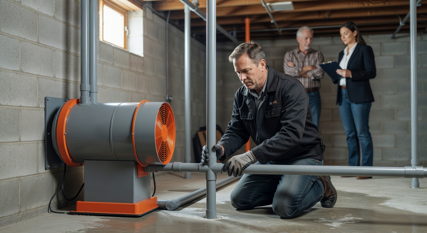 radon mitigation fan pipe basement