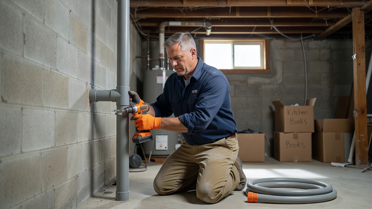 radon mitigation technician installing PVC pipe basement
