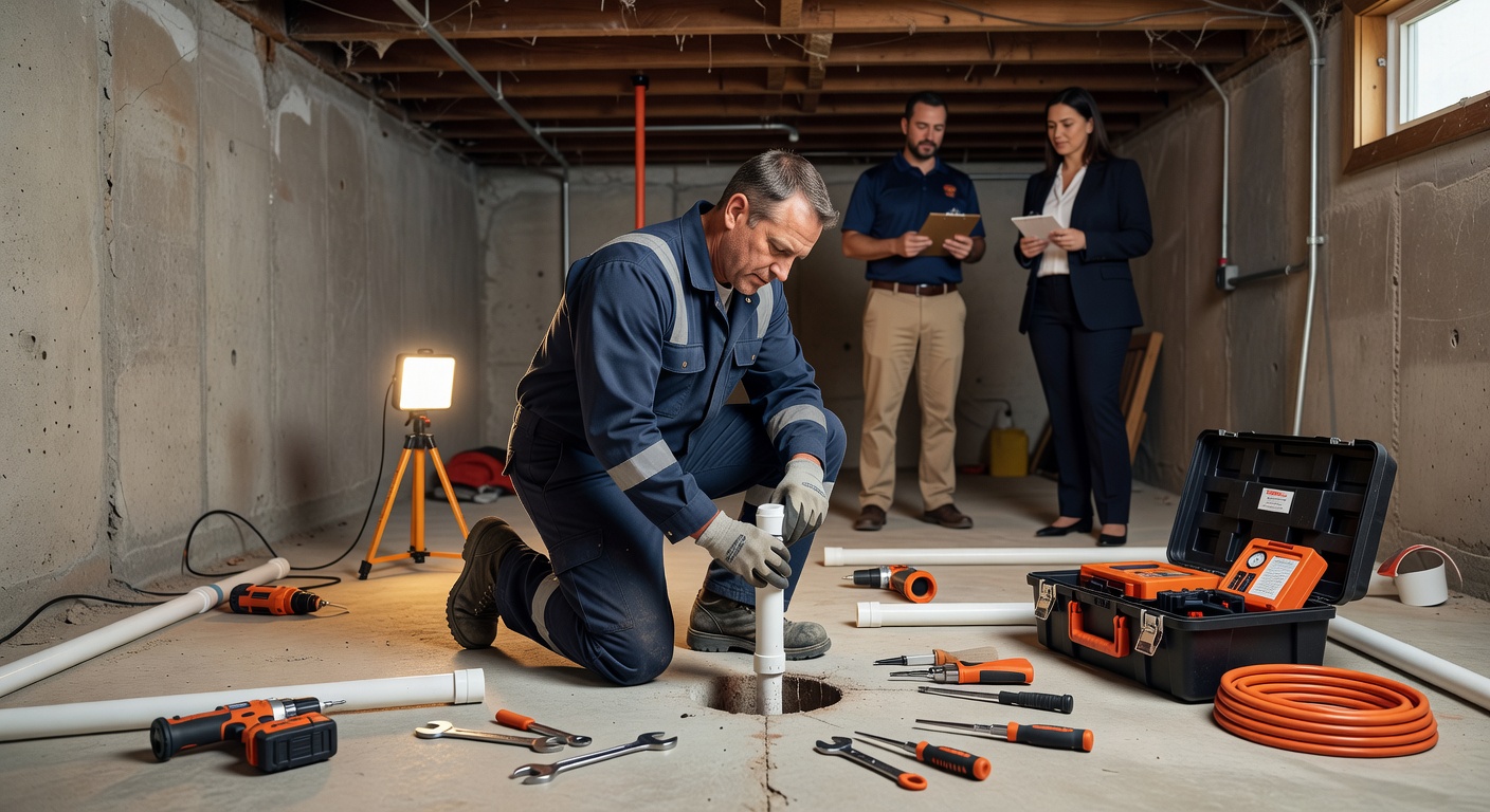 radon mitigation technician installing sub-slab system basement