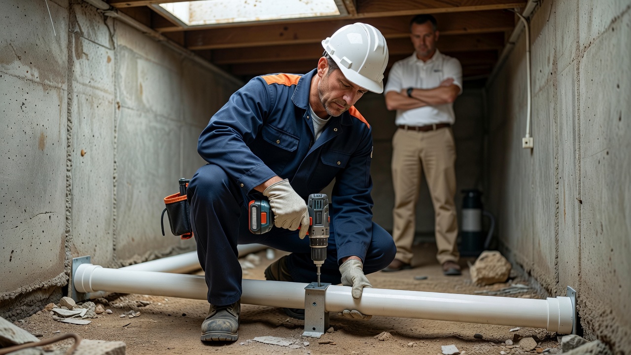 radon mitigation technician installing PVC pipe foundation