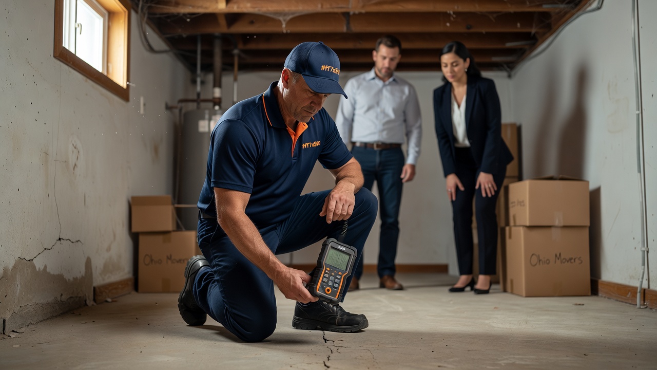 radon mitigation technician inspecting basement Ohio home