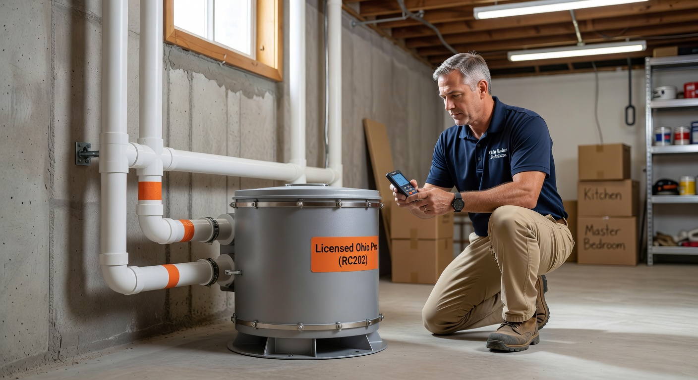 radon mitigation fan and pvc piping basement installation