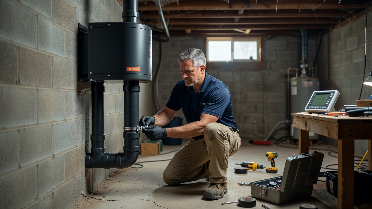 radon mitigation technician installing system Ohio basement