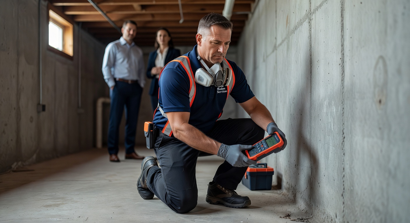 licensed radon technician inspecting basement foundation