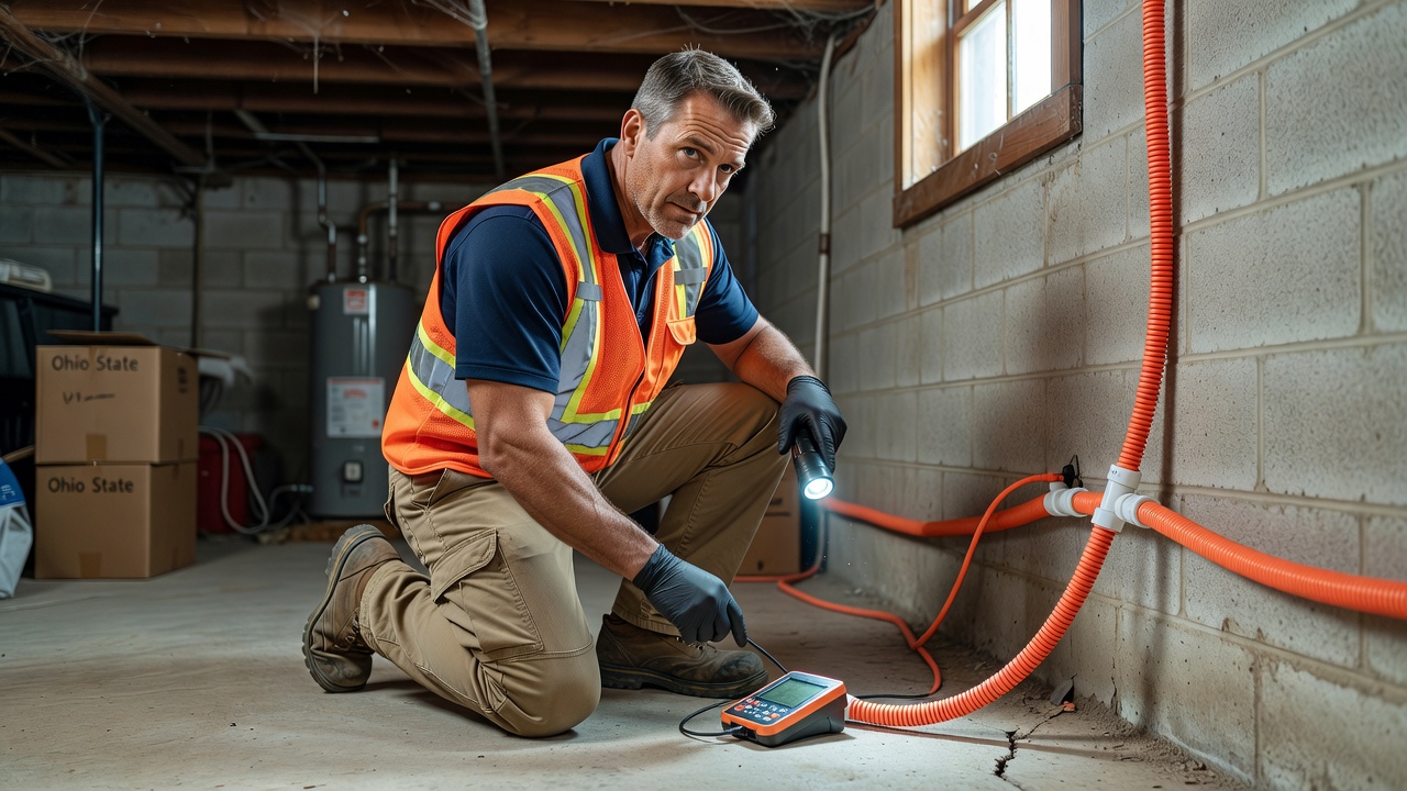 radon mitigation contractor inspecting basement Ohio