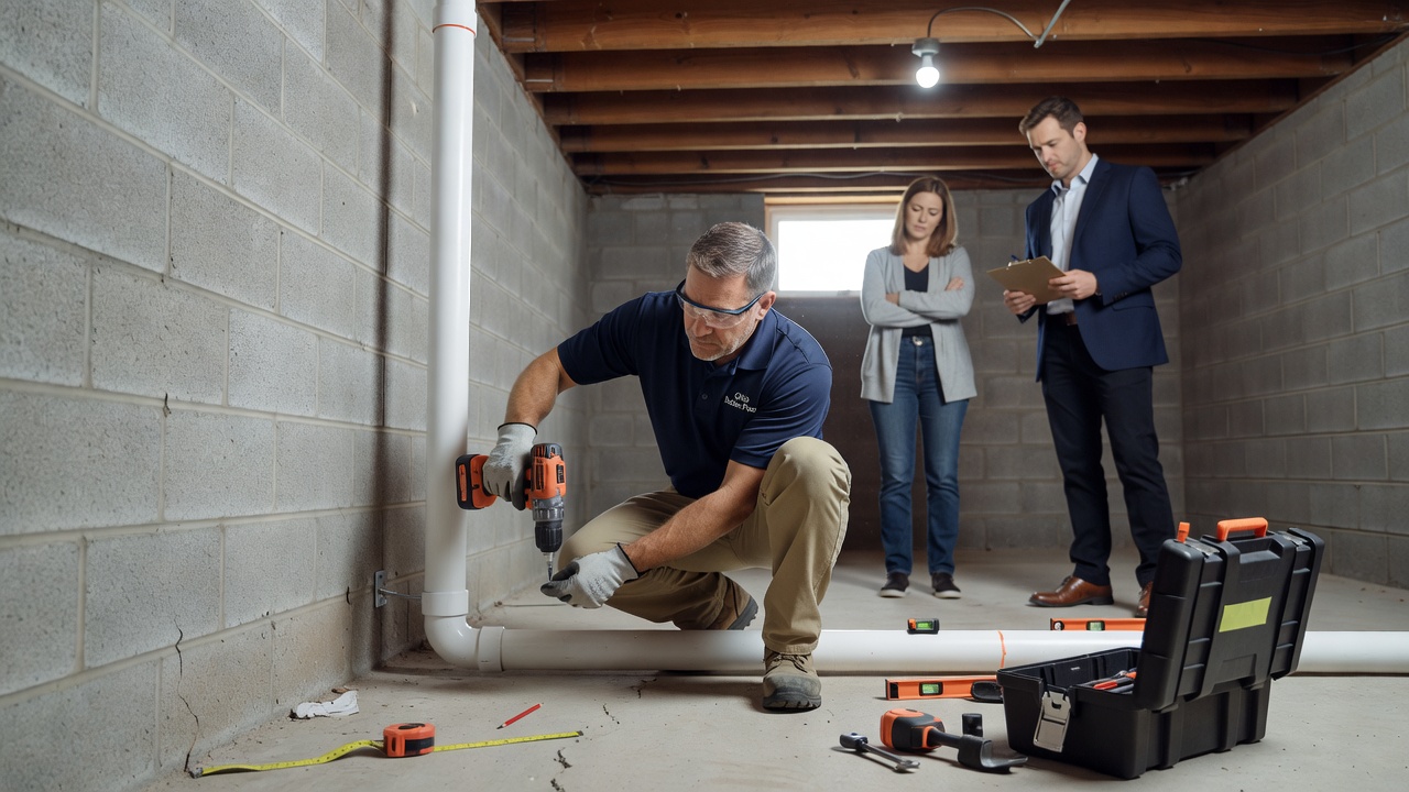 radon technician installing PVC mitigation pipe basement