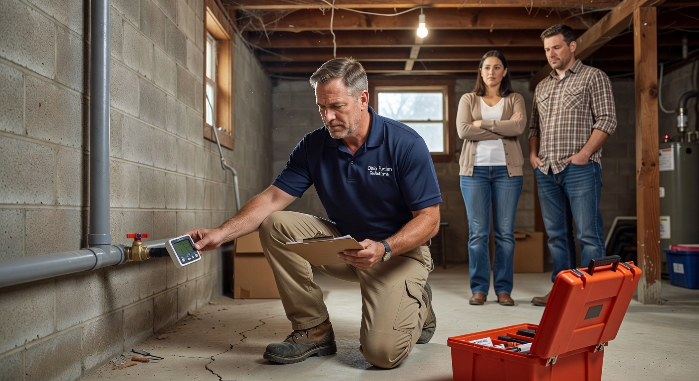 radon mitigation contractor inspecting basement Ohio home