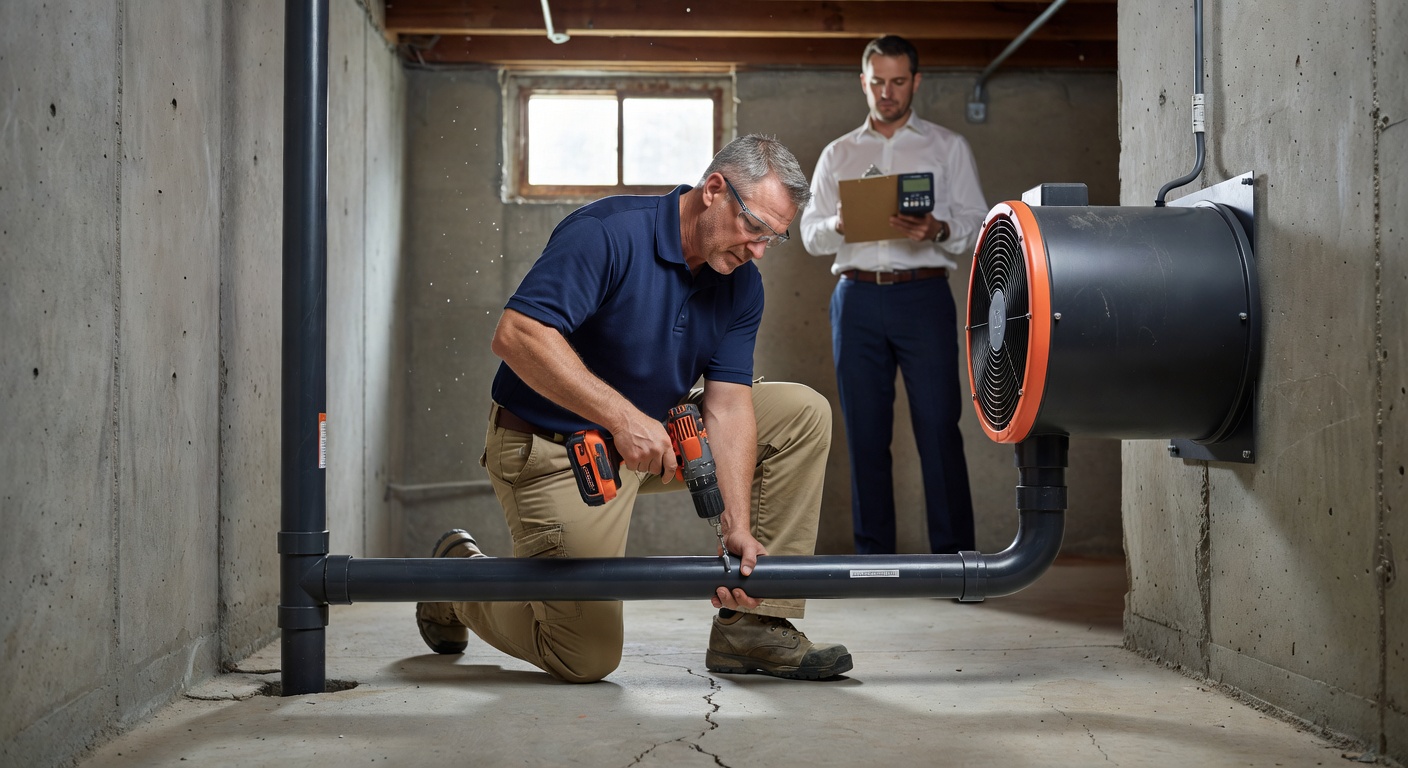 radon mitigation technician installing system in Ohio basement