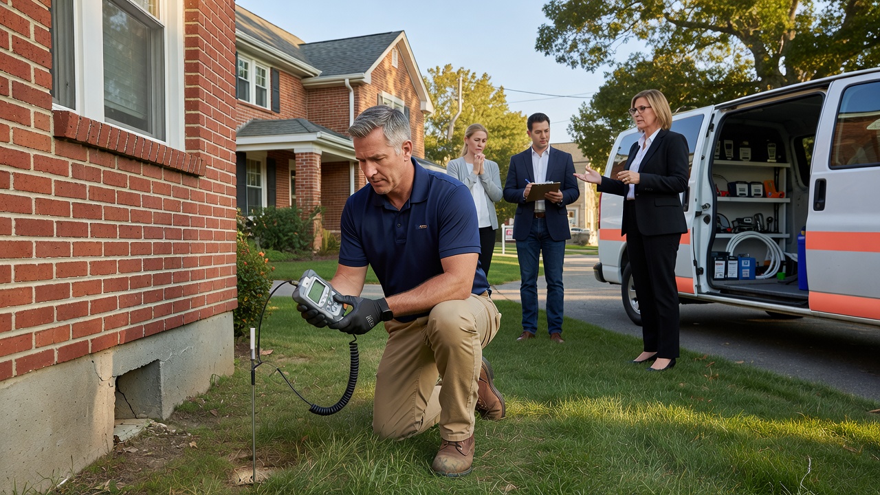 radon mitigation contractor inspecting Ohio home exterior