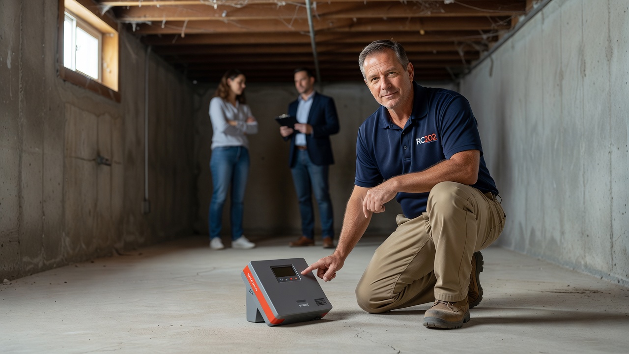 continuous radon monitor device on basement floor