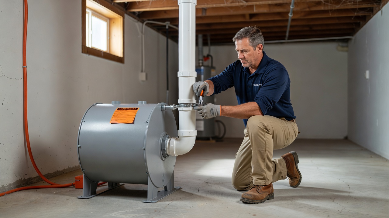 radon mitigation fan and PVC vent pipe basement installation