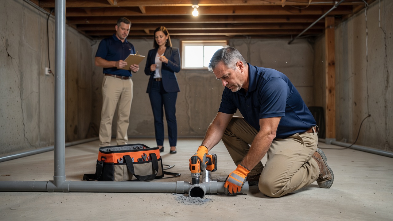 radon mitigation technician installing PVC pipe basement
