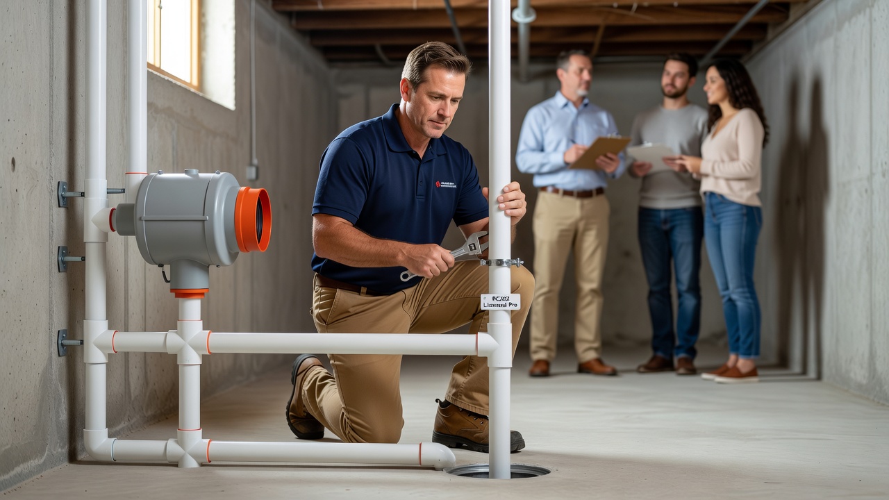 radon mitigation fan PVC pipe installation basement