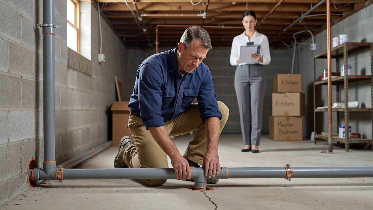radon mitigation contractor installing PVC pipe basement