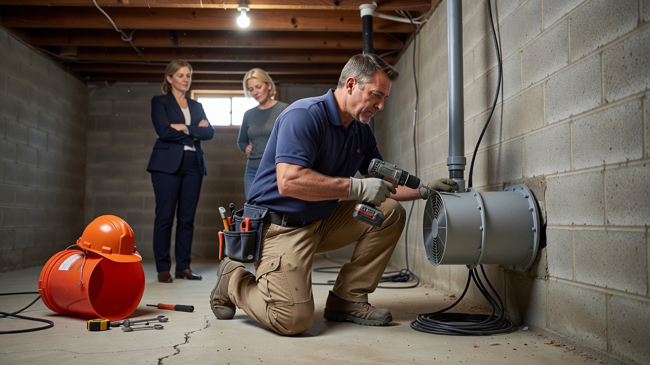 radon technician installing mitigation fan basement