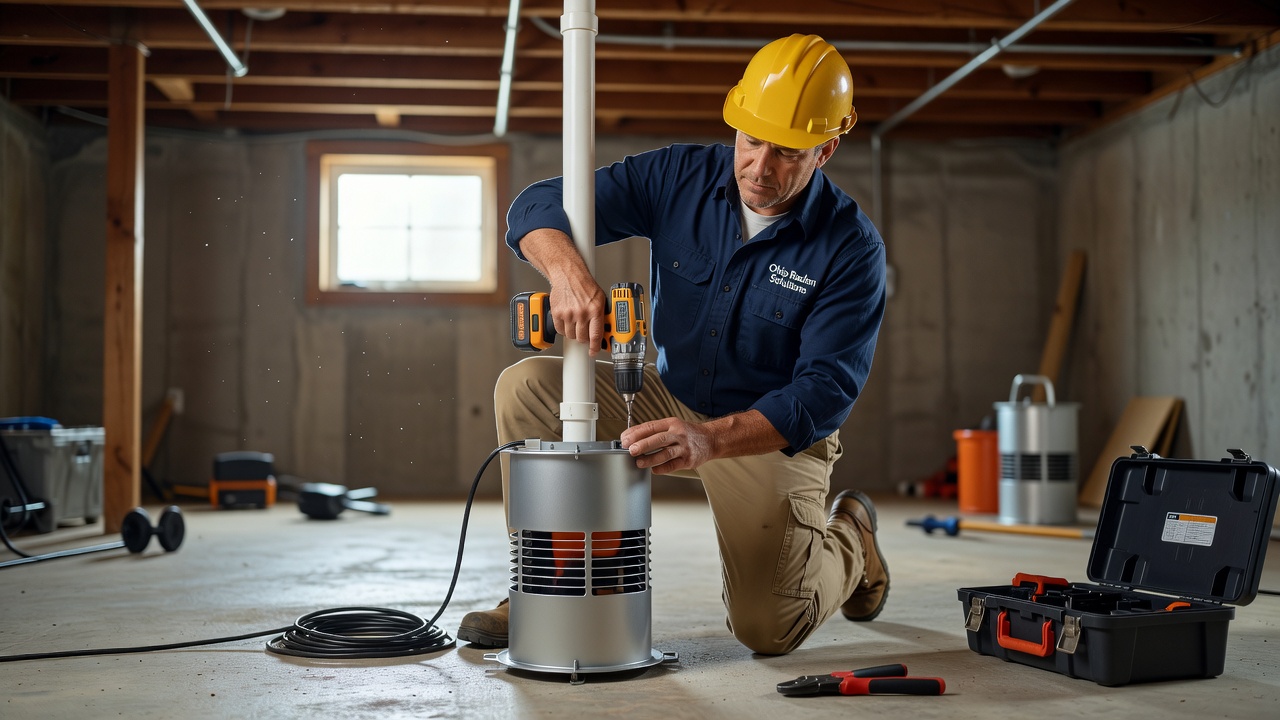 radon technician installing mitigation fan basement