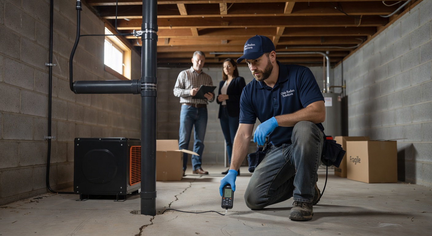Ohio radon mitigation technician inspecting home professional