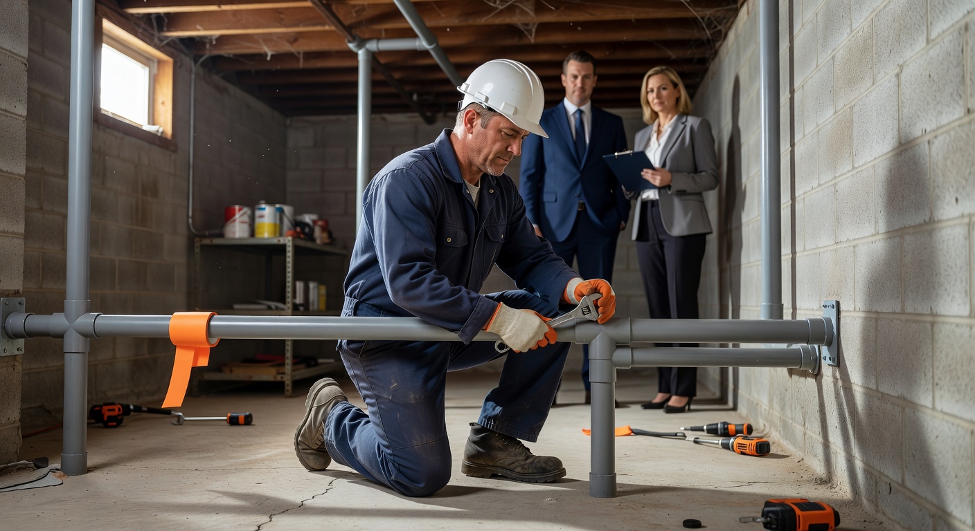radon mitigation technician installing PVC pipe basement