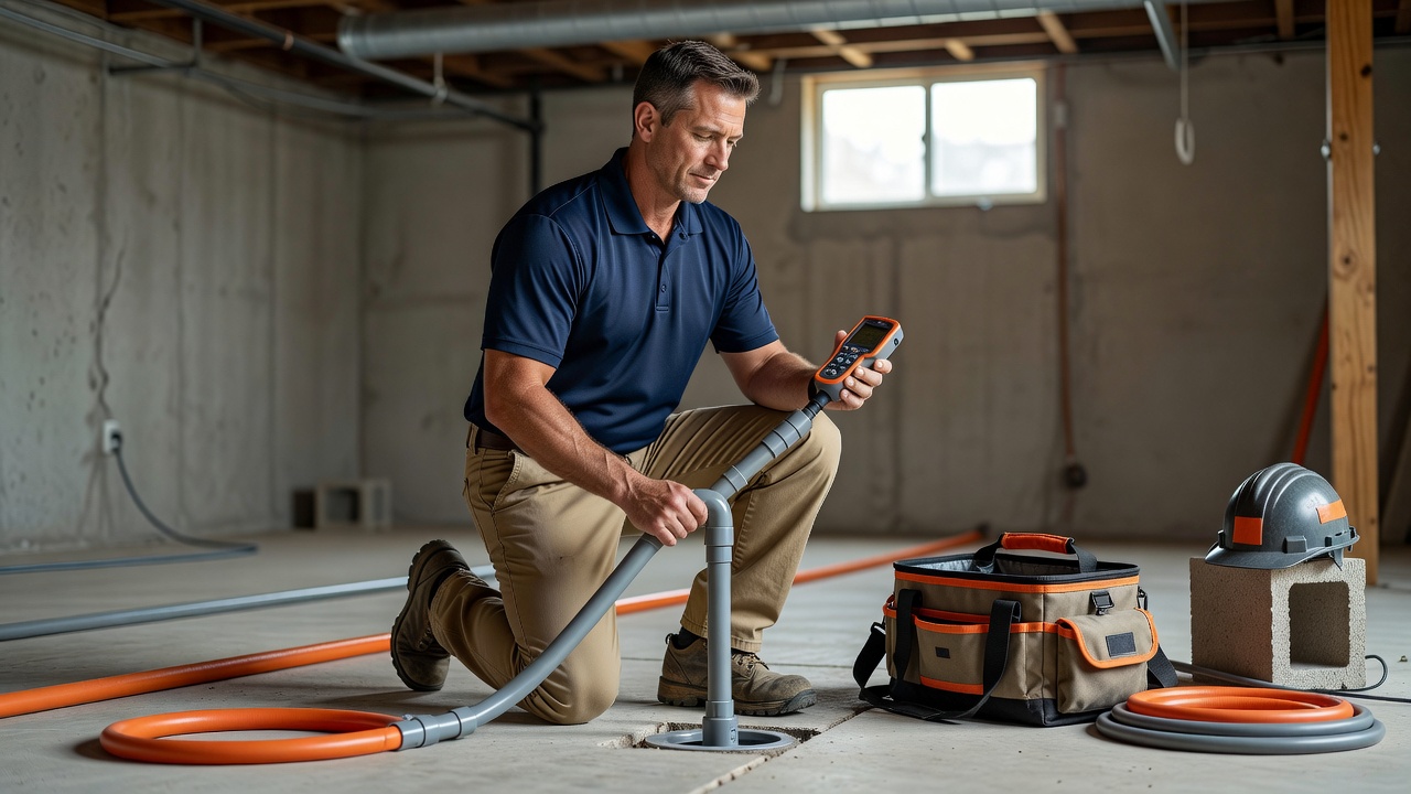 professional radon technician inspecting basement sub-slab depressurization