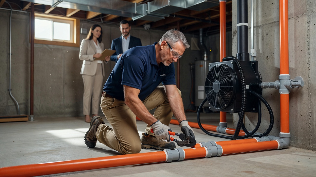 radon mitigation technician installing PVC pipe Ohio home