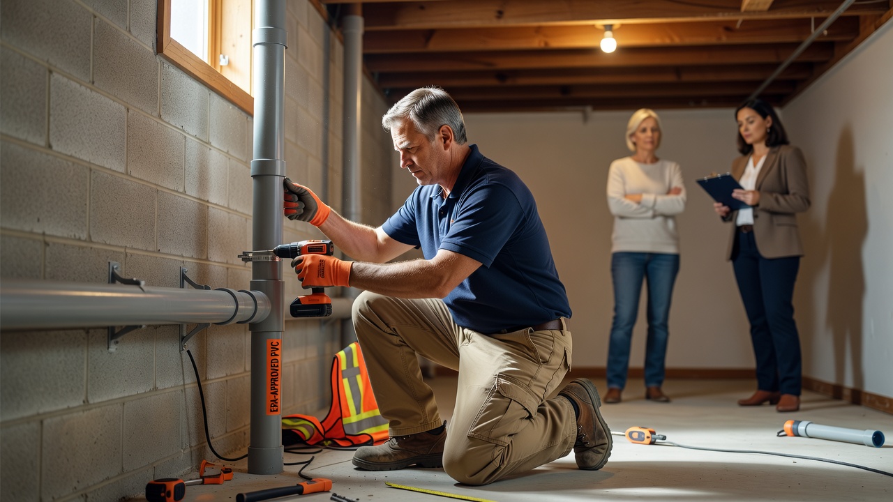 radon mitigation technician installing PVC pipe basement