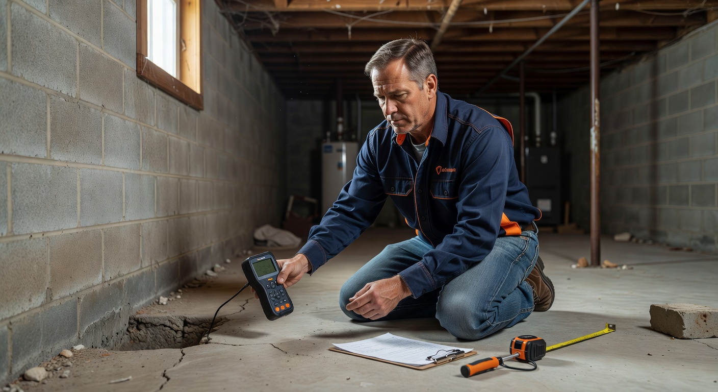 radon mitigation contractor inspecting Ohio basement foundation