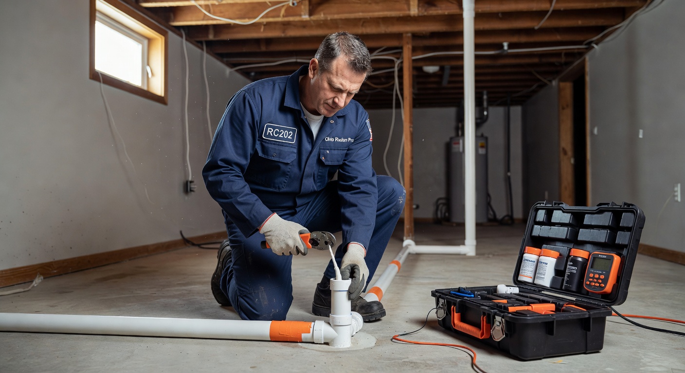 radon technician installing PVC pipe basement Ohio home