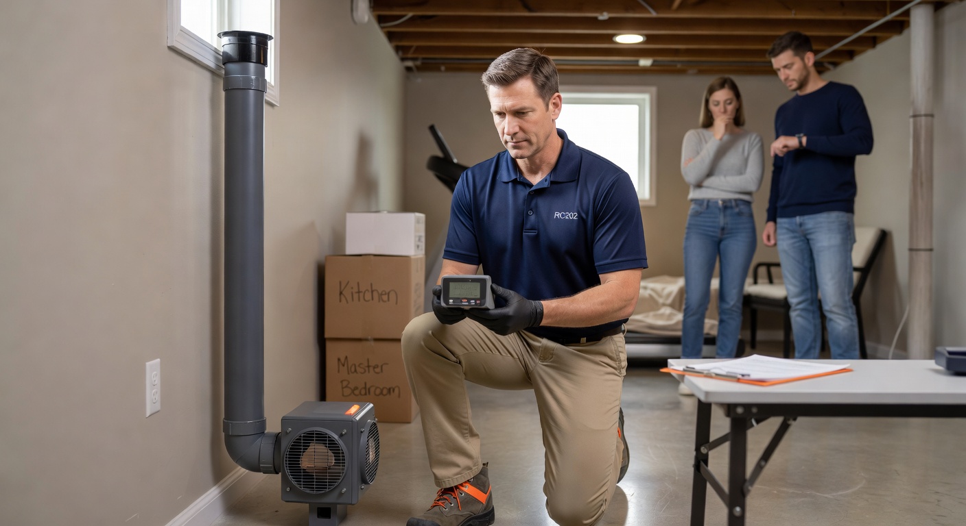 professional radon technician inspecting home Wyoming Ohio