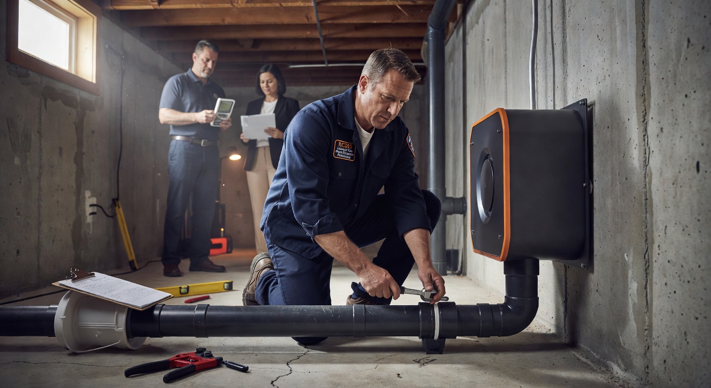 radon mitigation technician installing fan basement