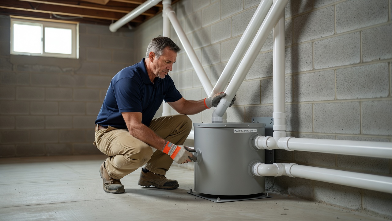 radon fan and PVC mitigation pipe basement installation