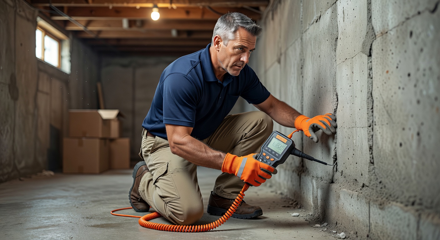 radon mitigation technician inspecting basement foundation