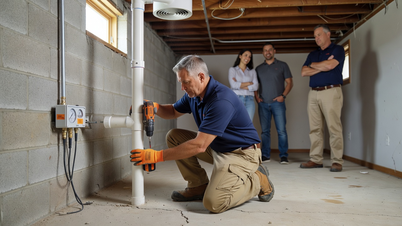 radon technician installing PVC mitigation pipe in Ohio basement
