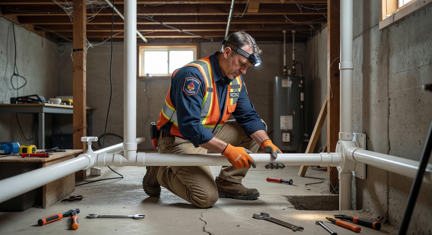 radon mitigation technician installing PVC pipe basement Ohio