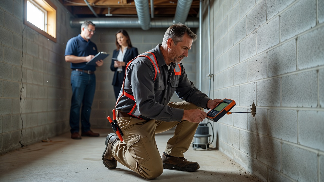 radon mitigation contractor inspecting basement Millersport Ohio
