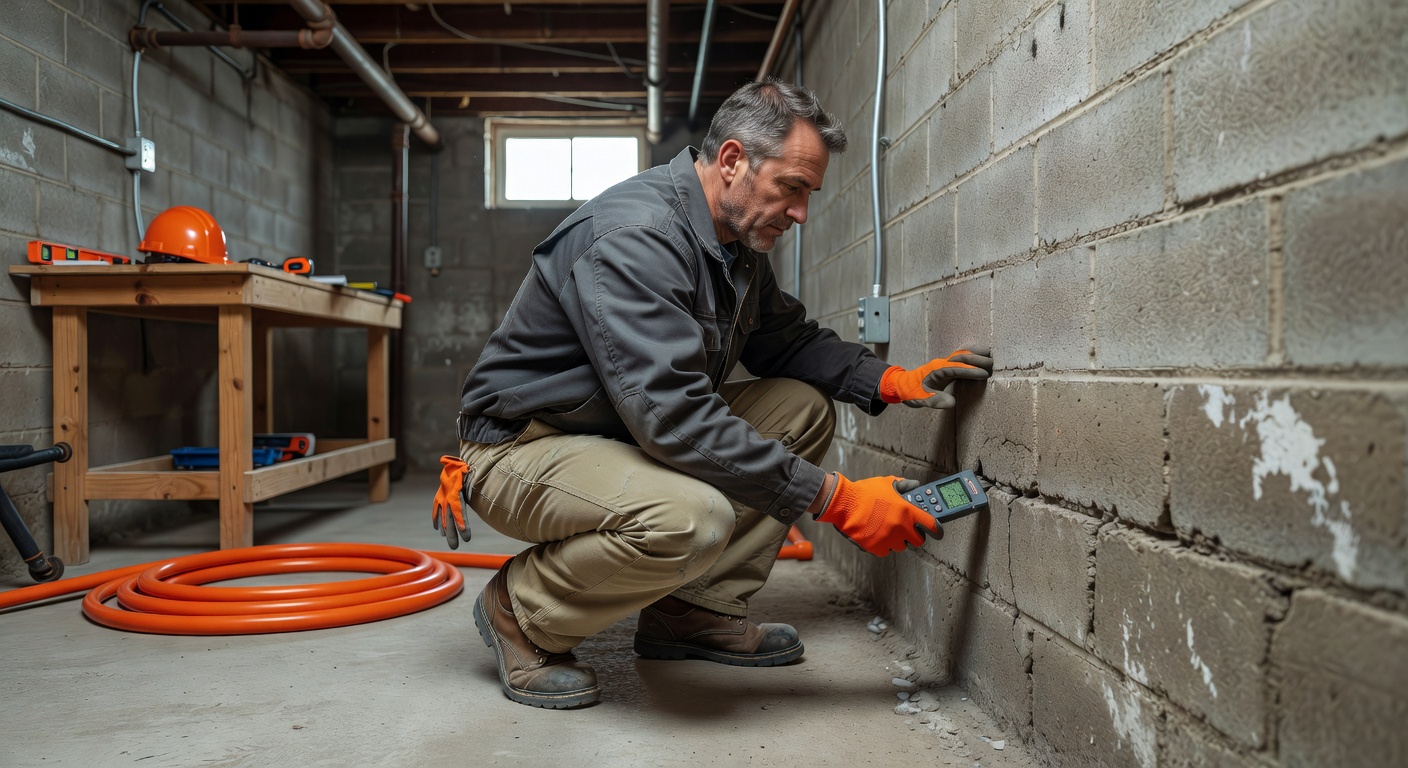 radon mitigation contractor inspecting Ohio basement foundation