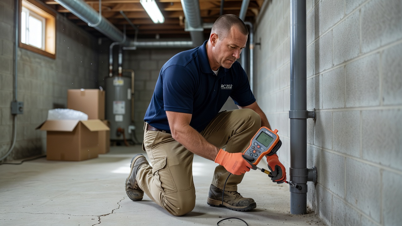 radon mitigation technician inspecting basement Ohio