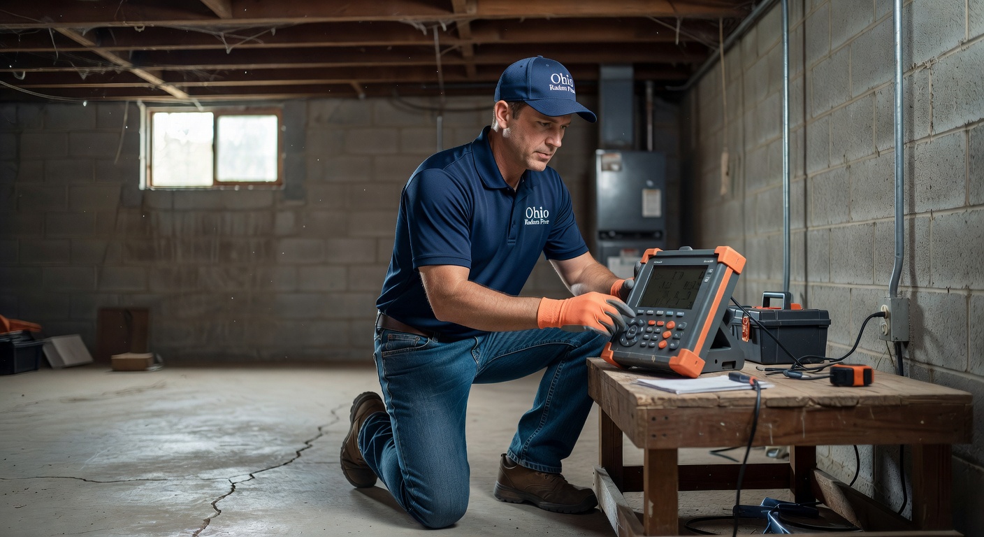radon technician testing continuous monitor basement