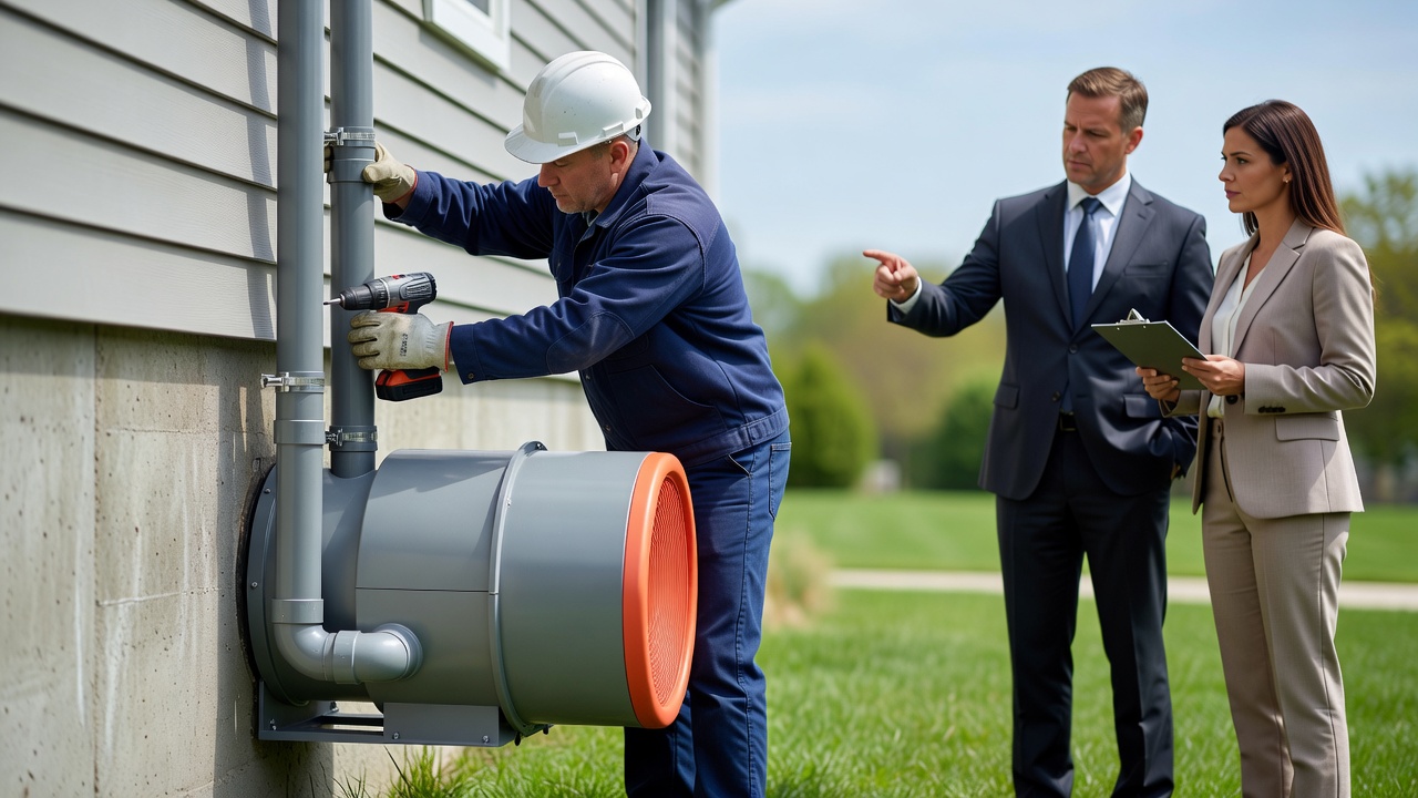 radon mitigation PVC pipe exterior fan installation