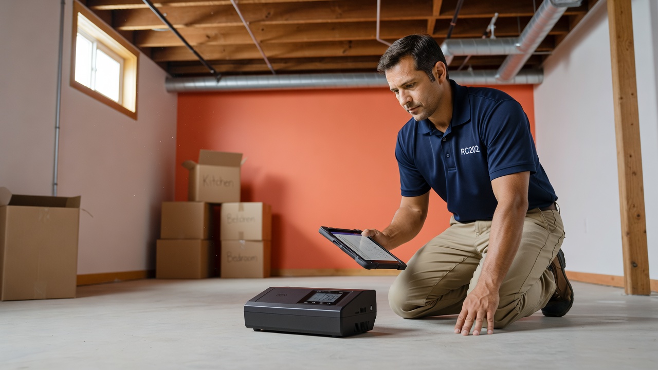 continuous radon monitor device on floor home inspection