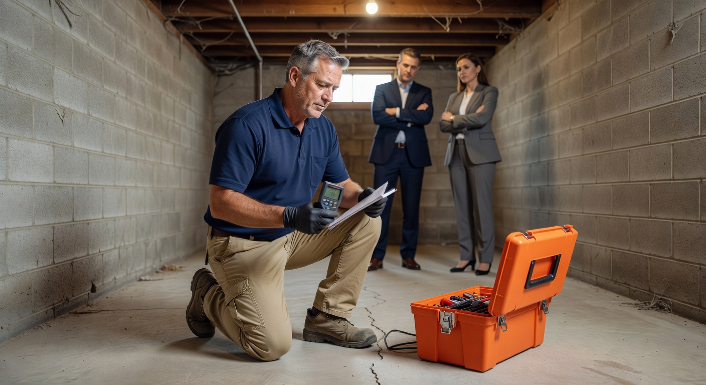 radon mitigation contractor inspecting basement Ohio home