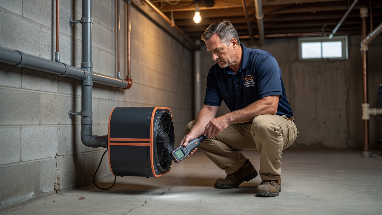 radon mitigation technician inspecting basement Ohio