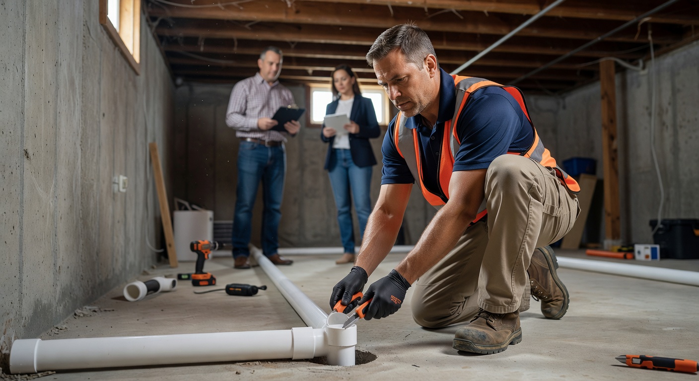 radon technician installing PVC mitigation pipe Ohio basement