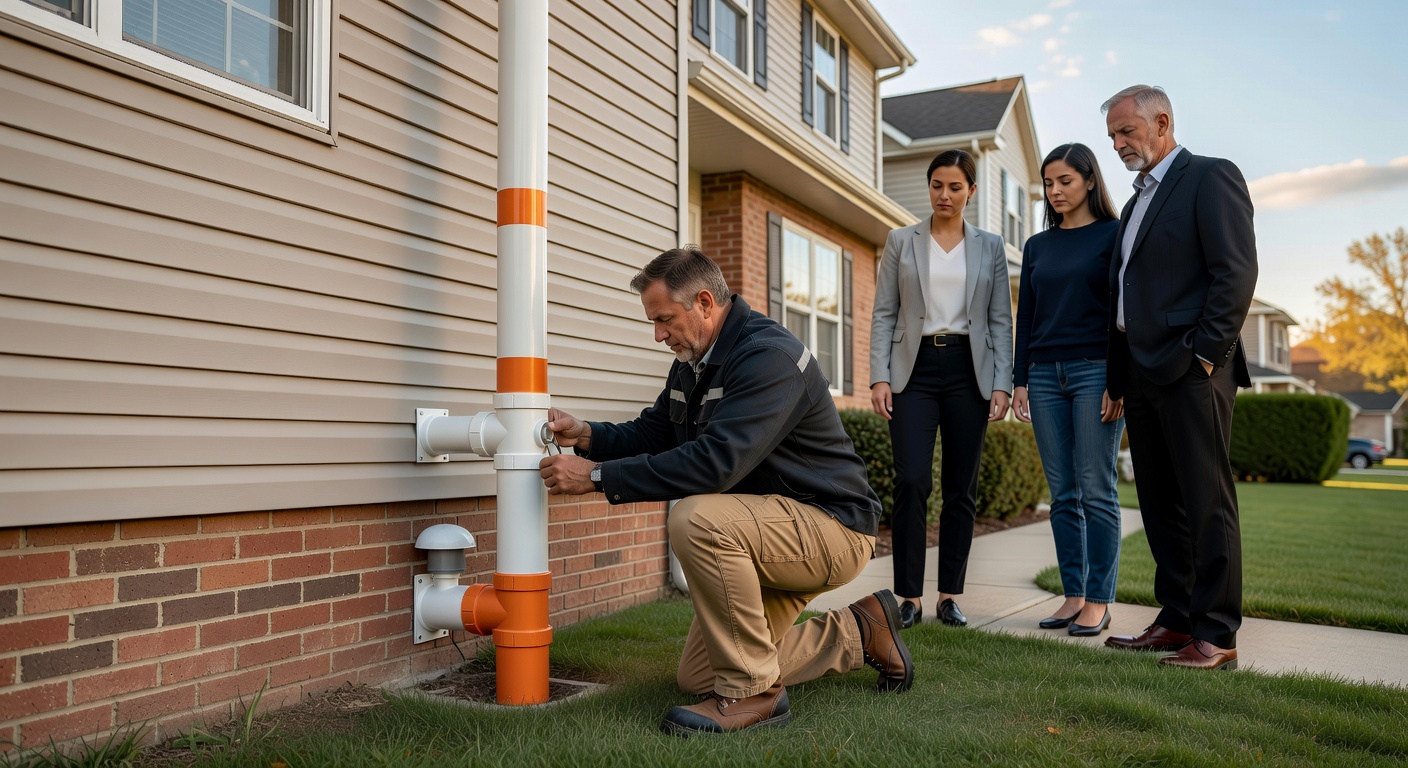 radon mitigation system pipe installation Ohio home exterior